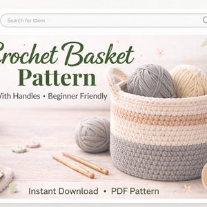 Puede incluir: Un anuncio de Etsy para un patrón de cesta de ganchillo. La imagen muestra una cesta de ganchillo terminada en tonos grises, beige y crema, llena de hilo. El texto de la imagen dice "Crochet Basket Pattern" y "With Handles • Beginner Friendly."