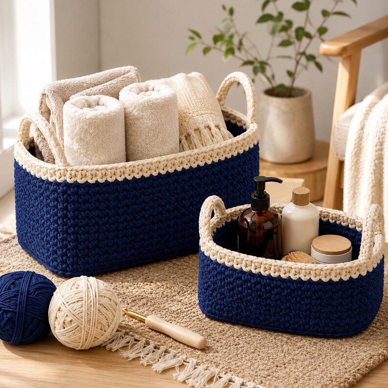 Rectangle crochet basket pattern PDF featuring two handmade storage baskets in navy blue and cream cotton, beginner-friendly crochet pattern with 2 sizes included.