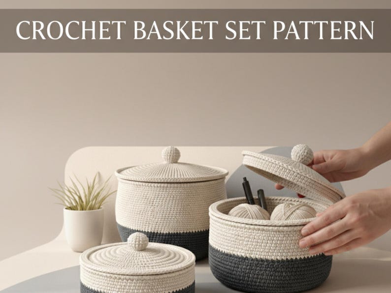 May include: Crochet basket set pattern. The image shows three handmade crochet baskets with lids. The baskets are two-toned, with a cream-coloured top and a dark grey base. The lids have a small ball-shaped handle. The text "CROCHET BASKET SET PATTERN" is at the top.