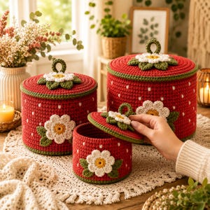 Puede incluir: Un conjunto de tres recipientes de almacenamiento de ganchillo rojos, adornados con puntos blancos y aplicaciones de flores. Las tapas tienen bordes y asas verdes. El diseño evoca fresas.