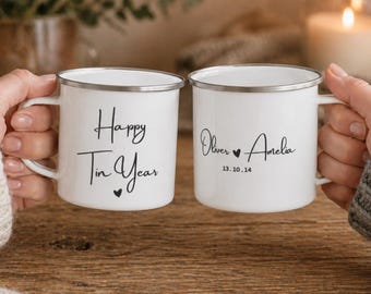 Personalised 10 Year Tin Anniversary Enamel Mug Custom Design Gift for Couple 10th Wedding Anniversary Present
