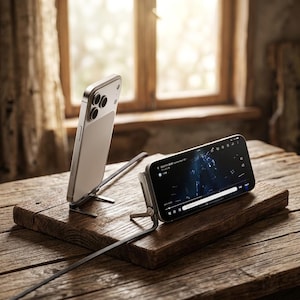 May include: Two smartphones, one vertical and one horizontal, are displayed on a rustic wooden surface. The phones are silver and black, connected by a grey cable. The background features a window with natural light.