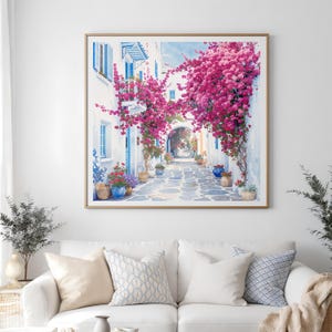 Greek Island Watercolor Wall Art – Pink Bougainvillea Flowers, Whitewashed Alley, Coastal Mediterranean Digital Download Print