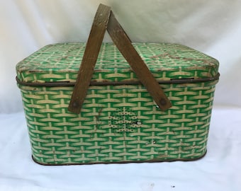 Vintage Green White Tin Metal Picnic Basket Wood Handles Basket Weave Pattern Garden Kitchen Decor