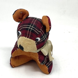 Vintage Japan Plush Hard Stuffed Red Plaid Bear Mini 4” Dollhouse Collectible