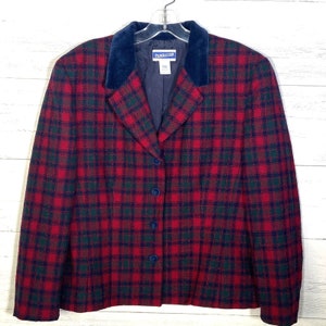 Vintage Pendleton Red Blue Tartan Plaid Wool Blazer Velvet Collar Sz S Made USA