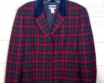 Vintage Pendleton Red Blue Tartan Plaid Wool Blazer Velvet Collar Sz S Made USA