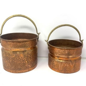 Set 2 Vintage Solid Copper Embossed/ Engraved Pot  Bucket Pail With Brass Handle 5” & 6” Farmhouse Country Cottage Decor