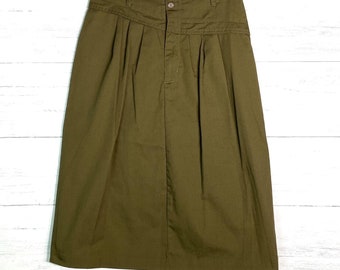 Vintage Olive Green Drop Waist Pleated Midi Skirt Women Waist 26” Made In USA