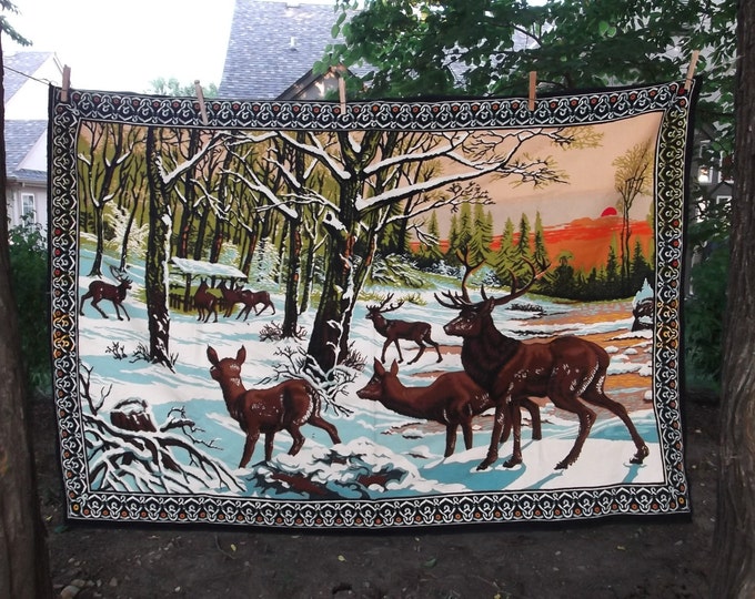 Vintage Velvet Wall Hanging Tapestry Deer in Forest Etsy