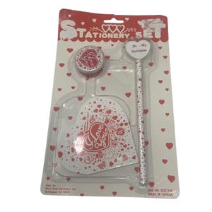 New Vintage Valentine&#39;s Day Stationery Set Heart Shaped Pad, Pencil, Heart Eraser and Pencil Sharpener NEW