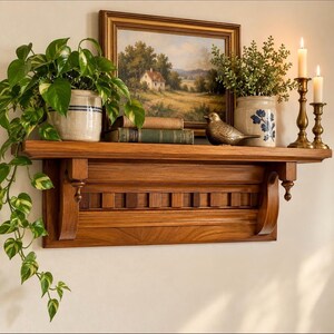 Vintage Early American Colonial Revival Maple Architectural Wall Shelf Finials Dentil Details Heavy 20” Long