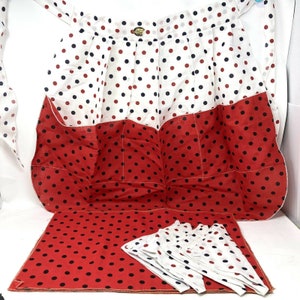 NEW Vintage Lysland Linens 4 Placements 4 Napkins & Apron Red Black White Polka Dot 100% Linen New Old Stock