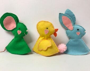 Vintage Handmade Felt Easter Finger Puppets, Decor, Bunny, Chick, Mouse, Pastel