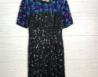Vintage Stenay 100% Silk Black Sequin Beaded Evening Party Formal Dress Size Small