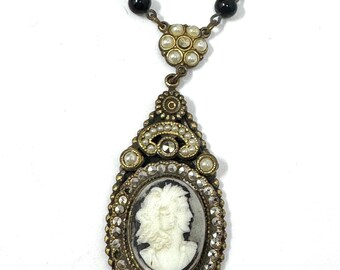 Vintage Cameo Pendant Necklace Black White Beads Chain Victorian Revival 22”