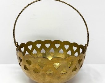 Vintage Brass Basket with Cut Out Hearts and Handle 7”