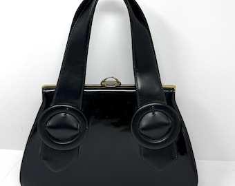 Vintage Francois Of California Black Patent Handbag Purse Double Buckle Handles Mod 1960s