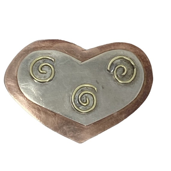 Mixed Metal Copper Silver Brass Heart Brooch Pin … - image 1