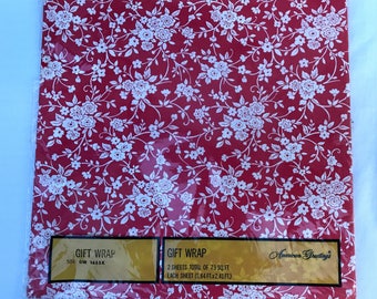 Vintage Gift Wrap Red & White Floral Flowers New Old Stock 2 Sheets Unopened Original Packaging Wrapping Paper For Presents
