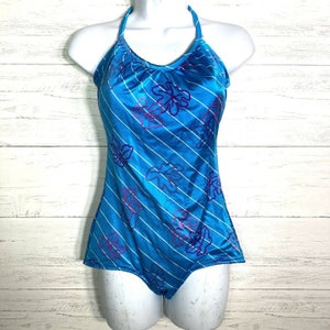 Vintage Maxine Of Hollywood Blue Floral One Piece Swimsuit Square Cut Leg Built in Bra Made In USA Tag size 16 Fits Modern Sz 8
