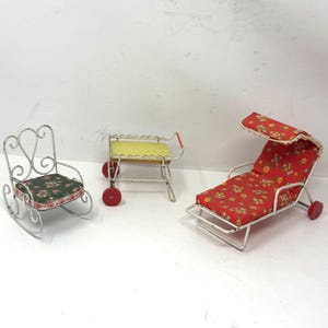 Vintage 50s Patio Dollhouse Furniture Chaise Lounge Rocking Chair and Tea Cart Metal Fabric Retro