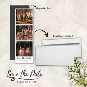 May include: A vertical save-the-date magnet with three photos of a couple, a black backing, and a white envelope. The magnet has the text "Save the Date" and event details. The words "Magnetic Back" and "Envelope Included" are also visible.