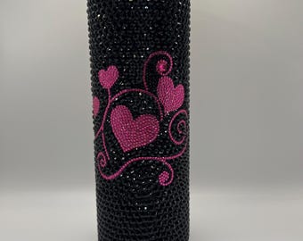 Rhinestone Tumbler: Black Crystal Bling Cup with Pink Heart Design