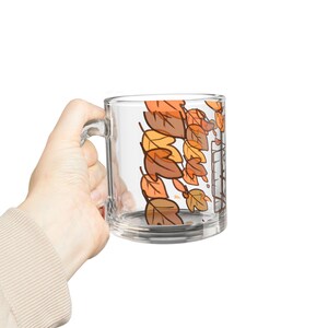 Fall-themed Glass Mug, Cozy Autumn Drinkware, Seasonal Gift for Friends, Thanksgiving Coffee Cup, Cute Home Decor