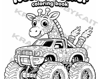 Páginas para colorear del Monster Truck destrozacuellos para niños / Camión jirafa / Dibujos para colorear y actividades imprimibles para niños de 4 a 7 años