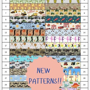 May include: A grid of thirty-four horizontal strips featuring various repeating graphic patterns including animals, vehicles, sports, and abstract designs. A large pink scalloped circle in the center displays the text NEW PATTERNS!! in blue.