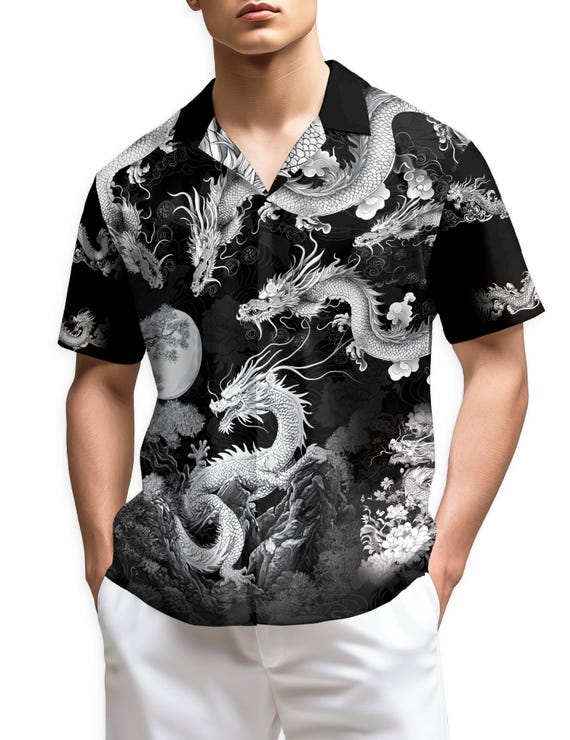 Japanese Dragon Hawaiian Shirt, Dragon Aesthetic Button Up, Unique