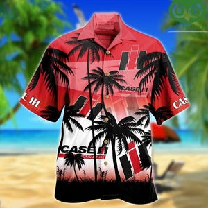 May include: Red button-up shirt with a tropical design featuring black palm trees and the "CASE IH AGRICULTURE" logo. The shirt has a vibrant red and white gradient background, with the Case IH logo prominently displayed.