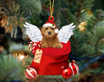Goldendoodle Angel Acrylic Christmas Ornament – Santa Gift Bag