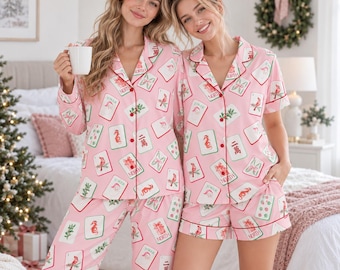 Mahjong-Pyjama-Set, rosa Schlafanzug für Spielabende, Geschenk für Mahjong-Fans, gemütliches Lounge-Set, einzigartiger Damenpyjama