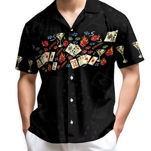 poker themed dress shirts Casino Men Button Up Shirt, Long Sleeve Poker Gaming Gambling Print Dress Buttoned Collared Dress Shirt with Chest Pocket
