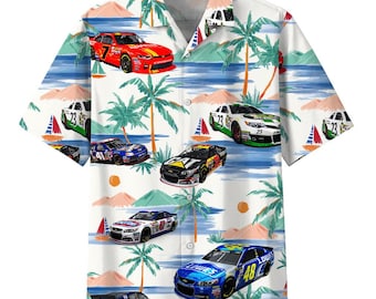 Camisa havaiana NASCAR, camisa Aloha com estampa de carro de corrida, camisa de praia tropical com estampa de carro para fãs da NASCAR, tamanhos P a 5XG