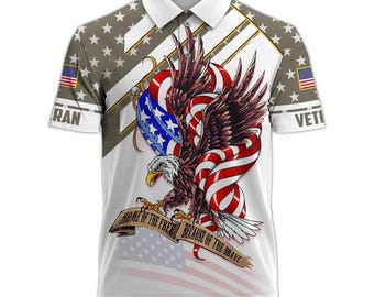 Patriotic Eagle Polo Shirt for Men, Home of the Free Because of the Brave Shirt, USA Flag Veteran Polo, USA Golf Shirt, 4th of July Gift