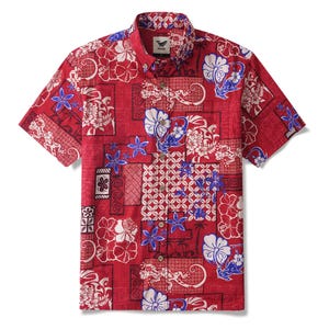 May include: Red short-sleeved shirt with a colourful floral and geometric pattern. The design features white, blue, and red hibiscus flowers, stylised lizards, and geometric shapes. The shirt has a classic collar and a button-up front.