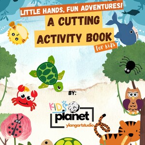 Peut inclure: Couverture d'un livre d'activités pour enfants coloré avec le texte "LITTLE HANDS, FUN ADVENTURES! A CUTTING ACTIVITY BOOK for kids". La couverture présente des créatures marines de dessins animés, une tortue, un crabe, une coccinelle, un hibou, un tigre et une chenille.