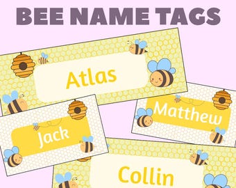 Editable Bee Classroom Name Tags: Printable Labels (PDF & PNG Files)