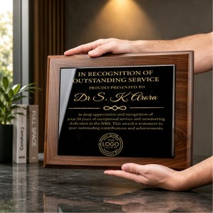 May include: A rectangular wooden plaque featuring a black center plate with gold text that reads: IN RECOGNITION OF OUTSTANDING SERVICE, PROUDLY PRESENTED TO Dr S. K. Arora, and a message regarding 50 years of service to the NHS with a logo placeholder.
