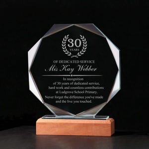 Personalised Glass Employee Award, Retirement Appreciation, For Manager , Staff ,Retirement Award with Laser Engraving, Long Service Award