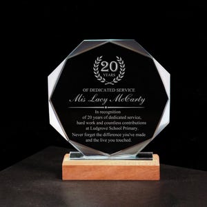 Personalized 20 Year Service Award, Custom Employee Appreciation Gift, 7&quot; Engraved Crystal Trophy with Gift Box