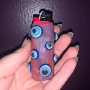 Handmade Polymer Clay Lighter Case – [Red and Purple, blue evil eye ] – Fits Bic – Boho Refillable Cover – Unique Gift for Smoker