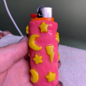 Handmade Polymer Clay Lighter Case – [Pink with Yellow Stars, Moons, and Bolts] – Fits Bic – Boho Refillable Cover – Unique Gift for Smoker