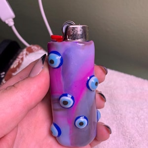 Handmade Polymer Clay Lighter Case – [Pink and Purple, blue evil eye ] – Fits Bic – Boho Refillable Cover – Unique Gift for Smoker