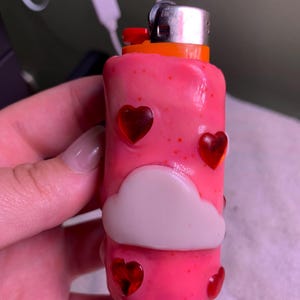 Handmade Polymer Clay Lighter Case – [Pink with Clouds and Red Hearts] – Fits Bic – Boho Refillable Cover – Unique Gift for Smoker