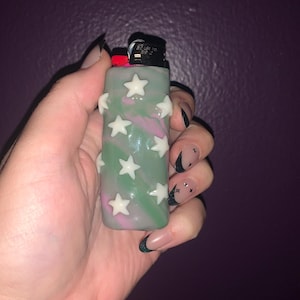 Handmade Polymer Clay Lighter Case – [Green and Purple with White Stars] – Fits Bic – Boho Refillable Cover – Unique Gift for Smoker