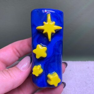 Handmade Polymer Clay Lighter Case – [Blue with Yellow Stars] – Fits Bic – Boho Refillable Cover – Unique Gift for Smoker